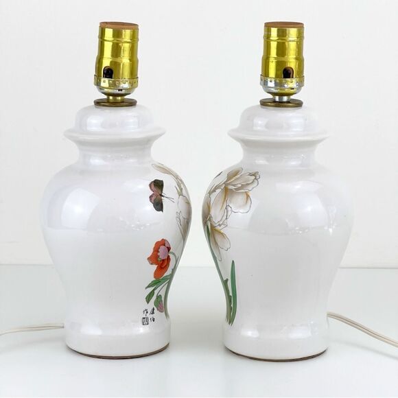 Set 2 Vintage Ceramic Asian Oriental Electric Lamps Irises Butterfly Signed Mini - Picture 4 of 11